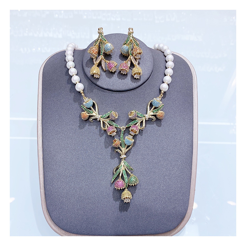 CZ Rose with Pearl Necklace  Earrings Set D1148