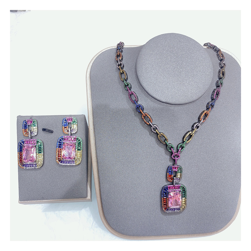 CZ Square Pendant Necklace & Earrings Set D1138